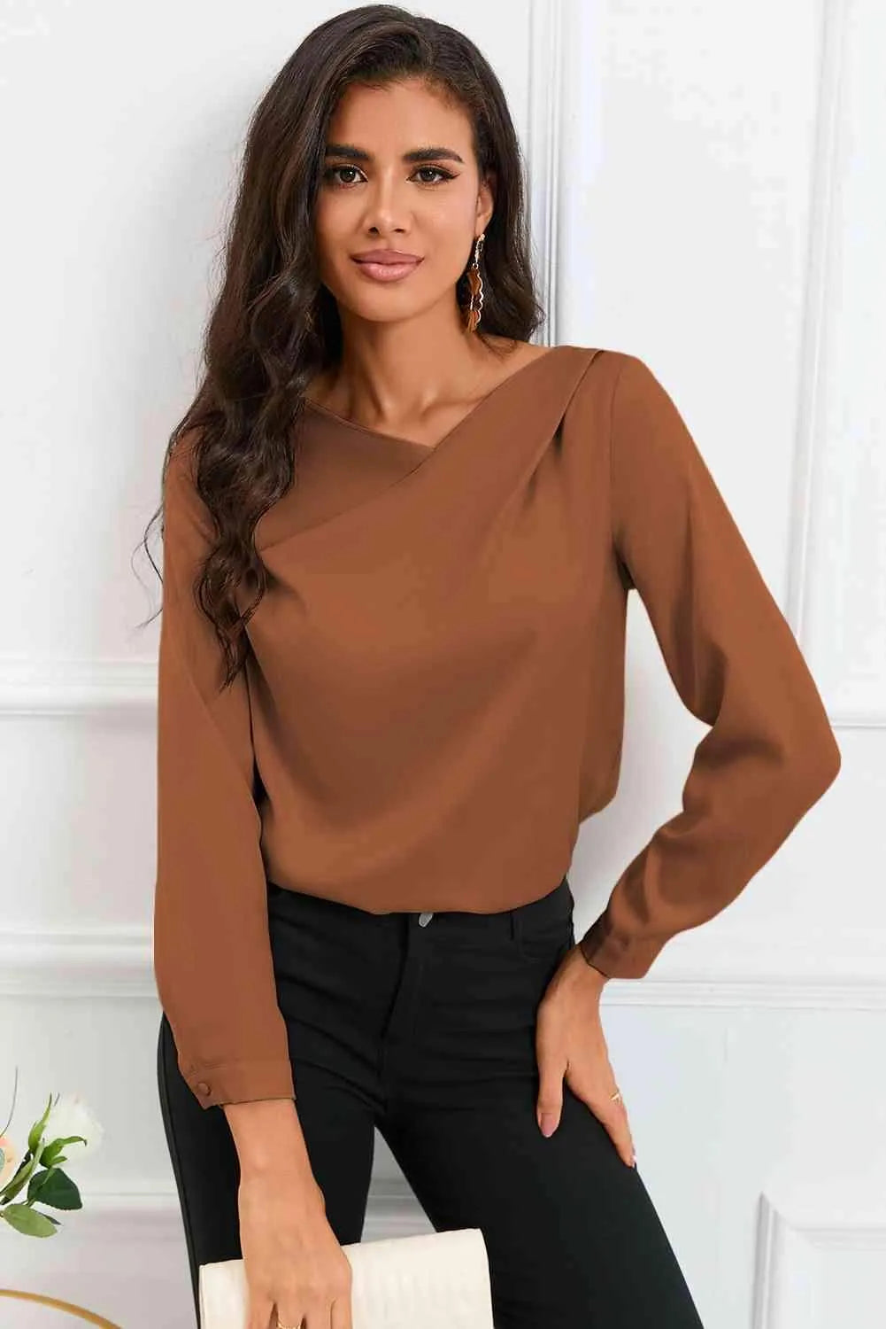 Surplice Neck Long Sleeve Satin Blouse Blouses - Tophatter Daily Deals