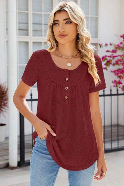 Eyelet Quarter Button Short Sleeve T-Shirt Women's T-Shirts - Tophatter Daily Deals