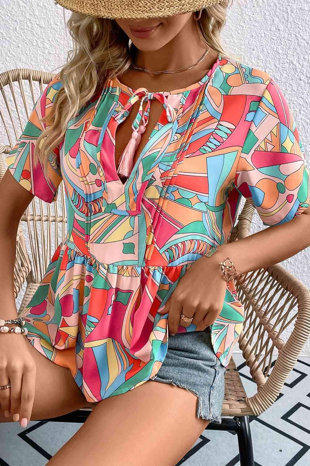 Printed Tie Neck Short Sleeve Blouse Blouses - Tophatter Daily Deals