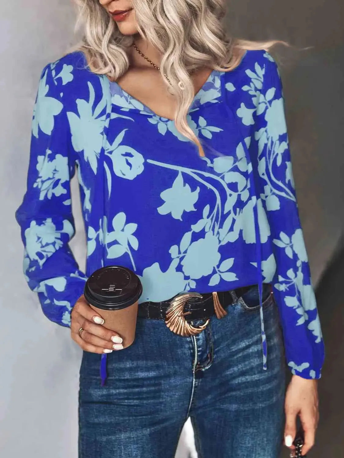 Printed Tie Neck Long Sleeve Blouse Royal Blue Blouses - Tophatter Daily Deals