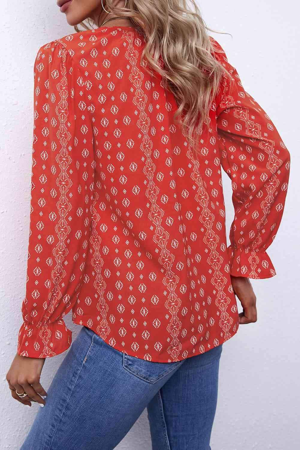 Printed Tie Neck Flounce Sleeve Top Blouses - Tophatter Daily Deals