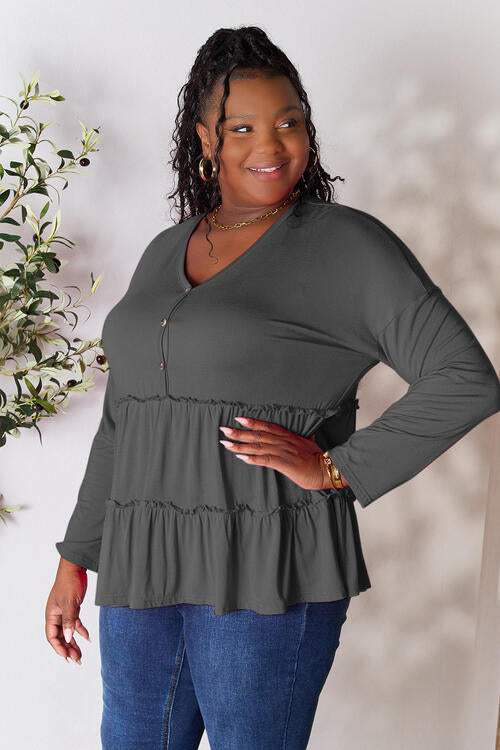 Double Take Half Button Long Sleeve Ruffle Hem Blouse Charcoal Blouses - Tophatter Daily Deals