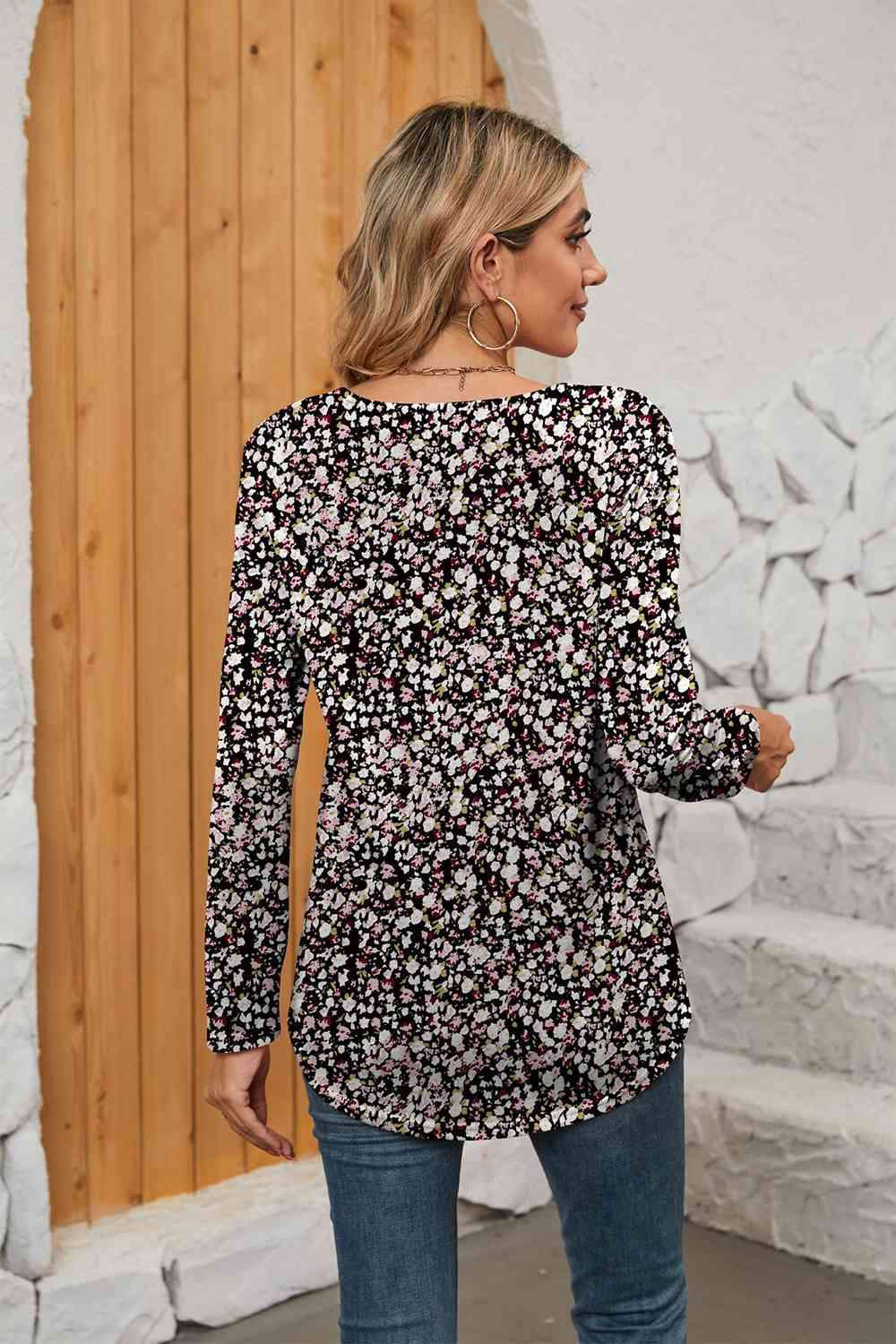 Printed Square Neck Long Sleeve Blouse Blouses - Tophatter Daily Deals