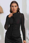 Ruched Mock Neck Long Sleeve Top Black Blouses - Tophatter Daily Deals