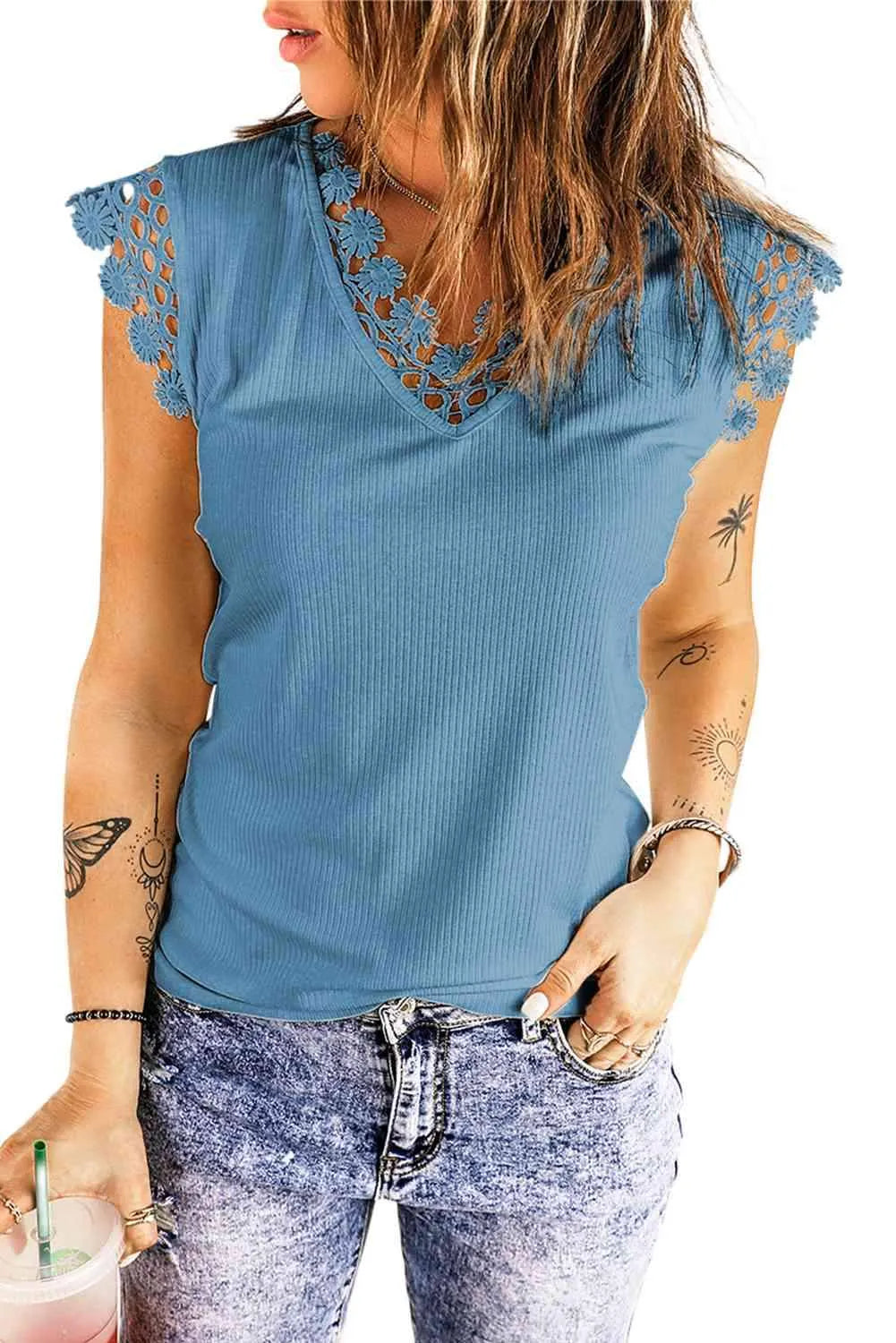 Lace Trim V-Neck Capped Sleeve Top Blouses - Tophatter Daily Deals