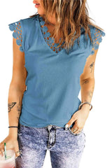 Lace Trim V-Neck Capped Sleeve Top Blouses - Tophatter Daily Deals