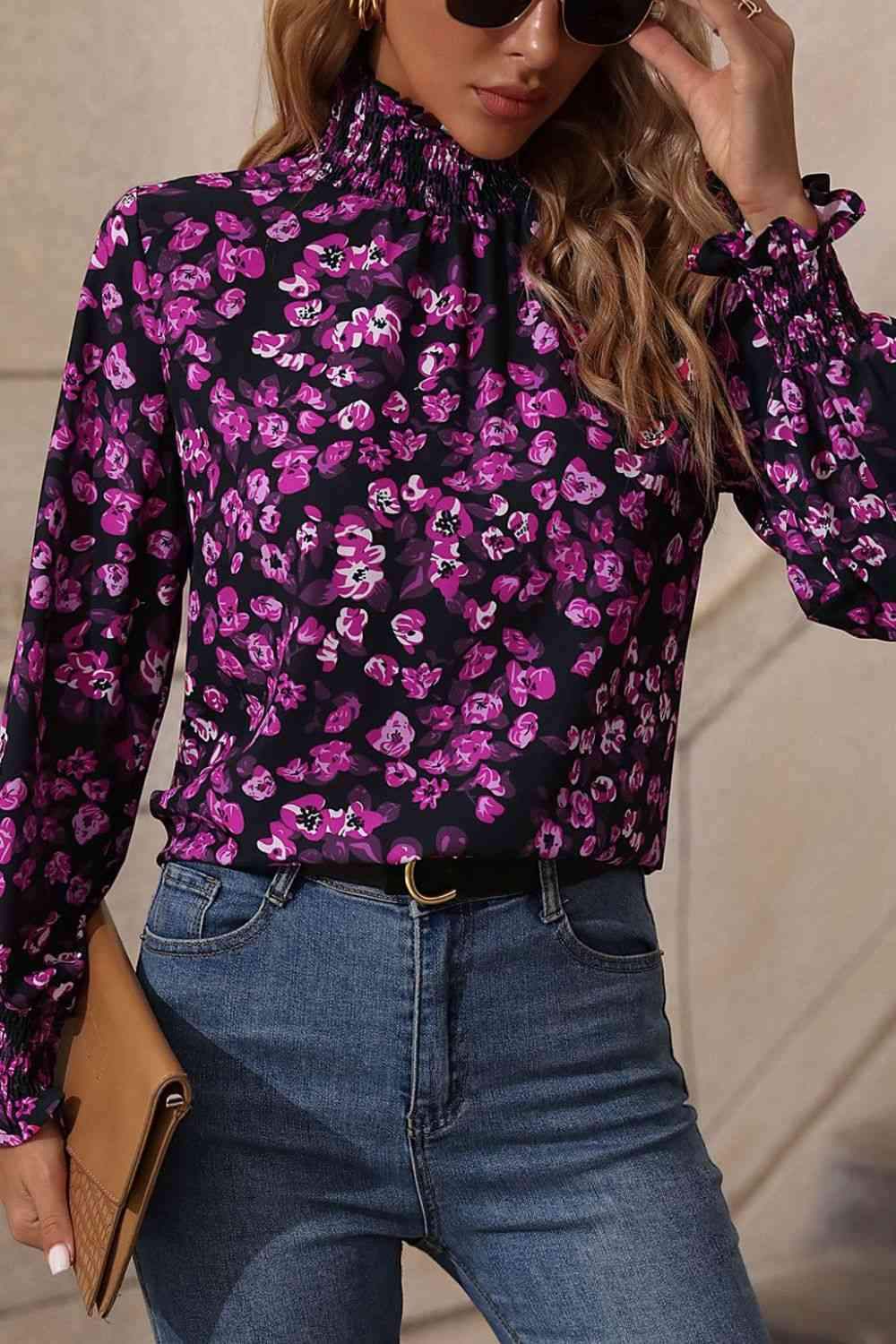 Floral Mock Neck Flounce Sleeve Blouse Blouses - Tophatter Daily Deals