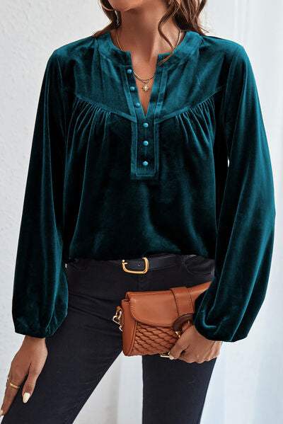 Ruched Decorative Button Notched Blouse Blouses - Tophatter Daily Deals