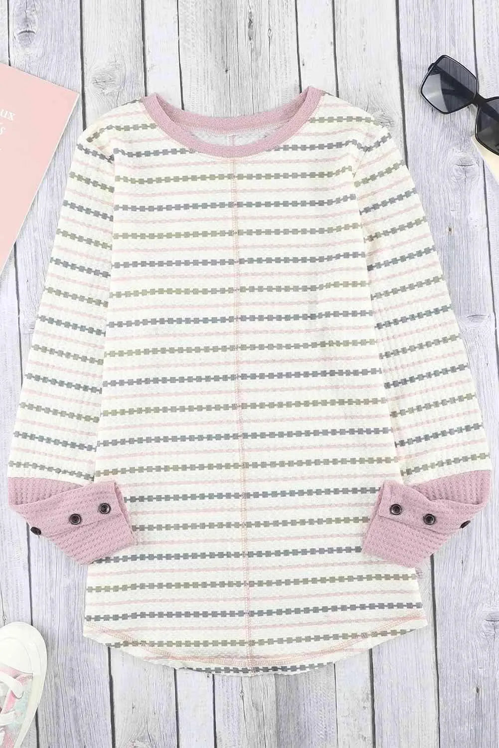 Printed Waffle-Knit Buttoned Cuff Top Blouses - Tophatter Daily Deals