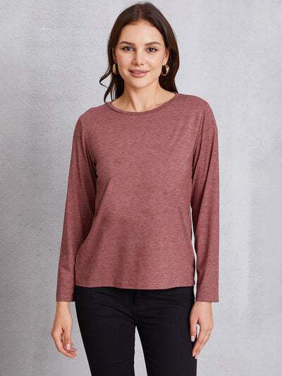 Round Neck Long Sleeve T-shirt Light Mauve Women's T-Shirts - Tophatter Daily Deals