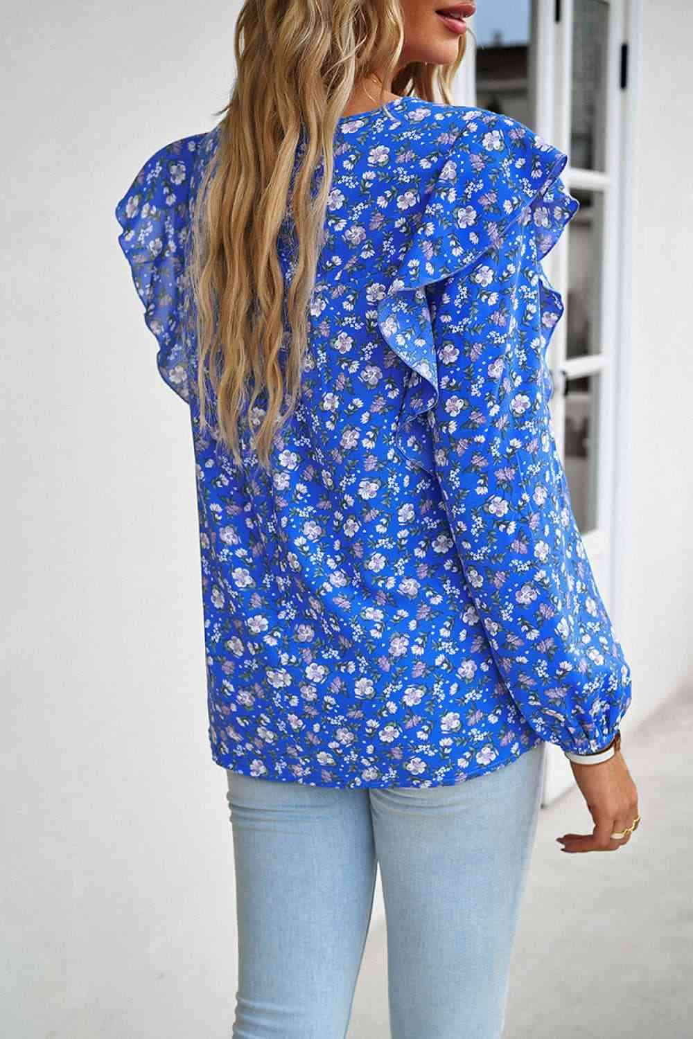 Printed Round Neck Long Sleeve Blouse Blouses - Tophatter Daily Deals