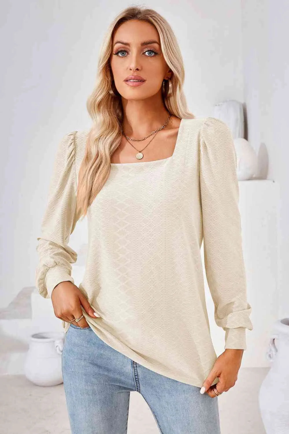 Square Neck Puff Sleeve Blouse Blouses - Tophatter Daily Deals