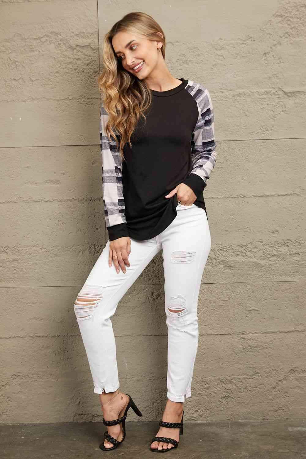 Double Take Color Block Curved Hem Long Sleeve Tee Women's T-Shirts - Tophatter Daily Deals