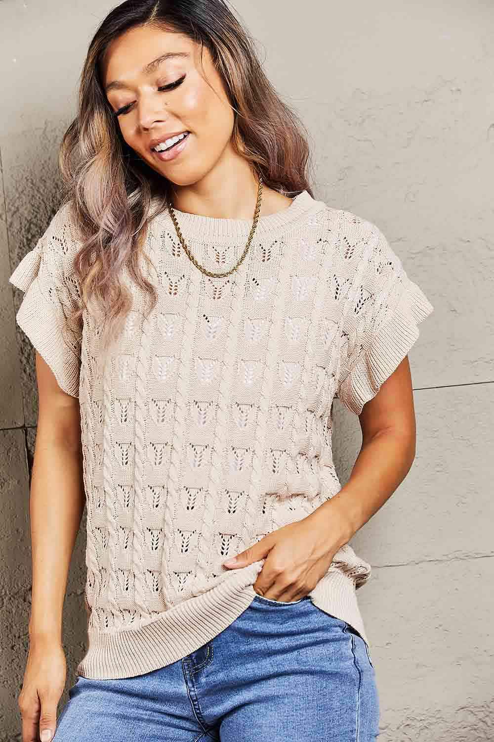 Double Take Round Neck Short Sleeve Cable-Knit Top Blouses - Tophatter Daily Deals