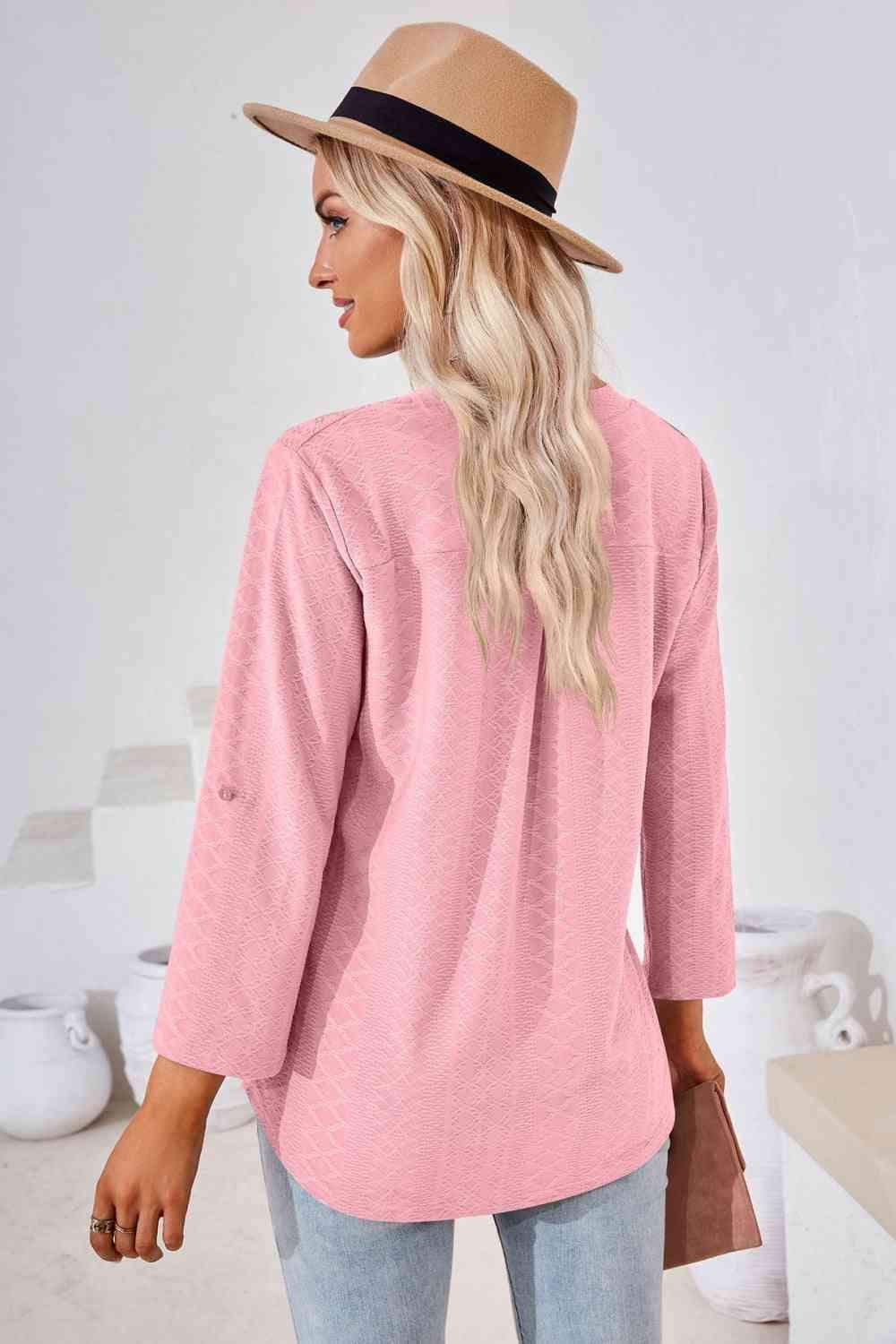 V-Neck Roll-Tap Sleeve Blouse Blouses - Tophatter Daily Deals