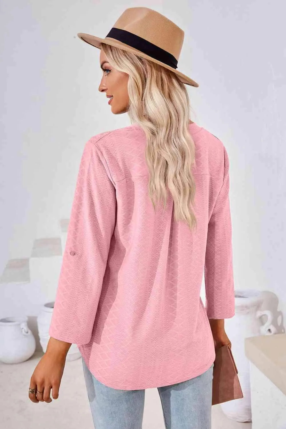 V-Neck Roll-Tap Sleeve Blouse Blouses - Tophatter Daily Deals