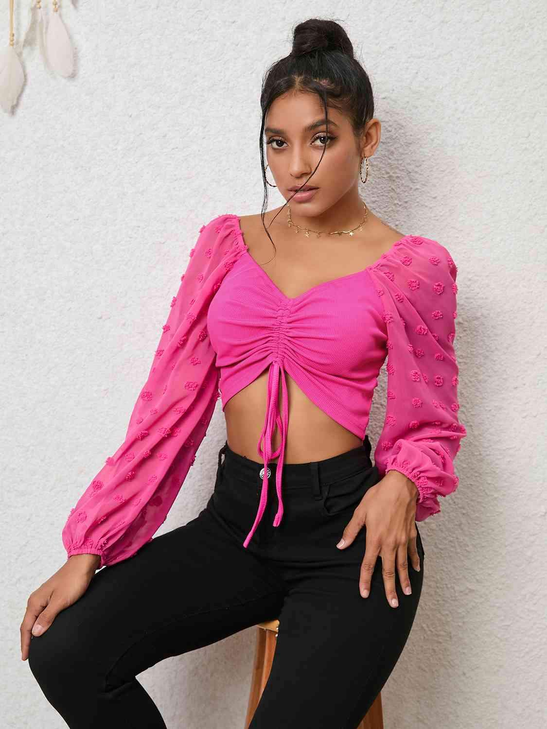 Swiss Dot Drawstring Cropped Blouse Hot Pink Blouses - Tophatter Daily Deals