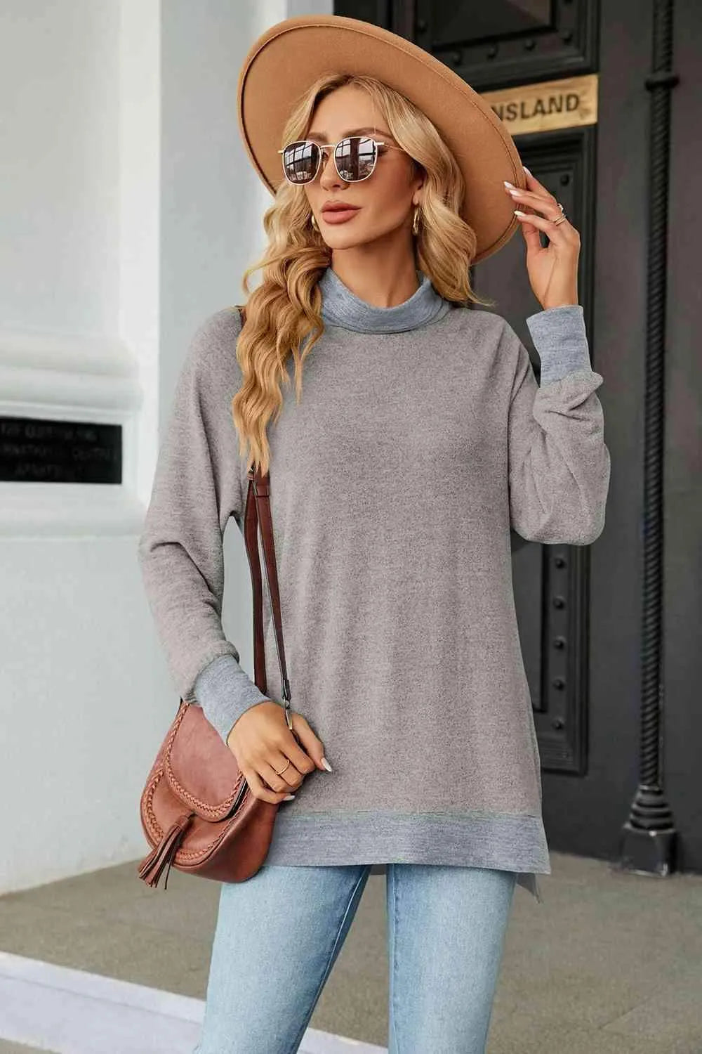 Turtle Neck Long Sleeve Slit Blouse Light Gray Blouses - Tophatter Daily Deals