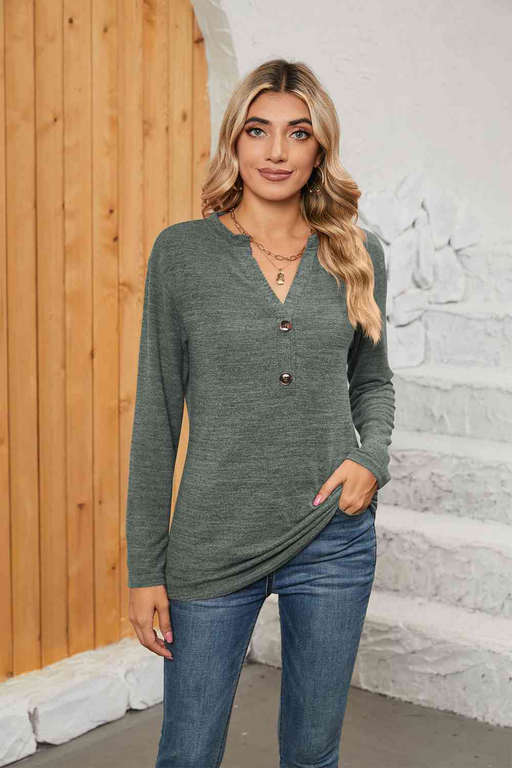 Notched Neck Long Sleeve T-Shirt Green Women's T-Shirts - Tophatter Daily Deals