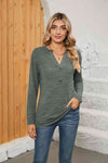 Notched Neck Long Sleeve T-Shirt Green Women's T-Shirts - Tophatter Daily Deals