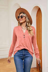 Buttoned Notched Neck Long Sleeve Top Blouses - Tophatter Daily Deals