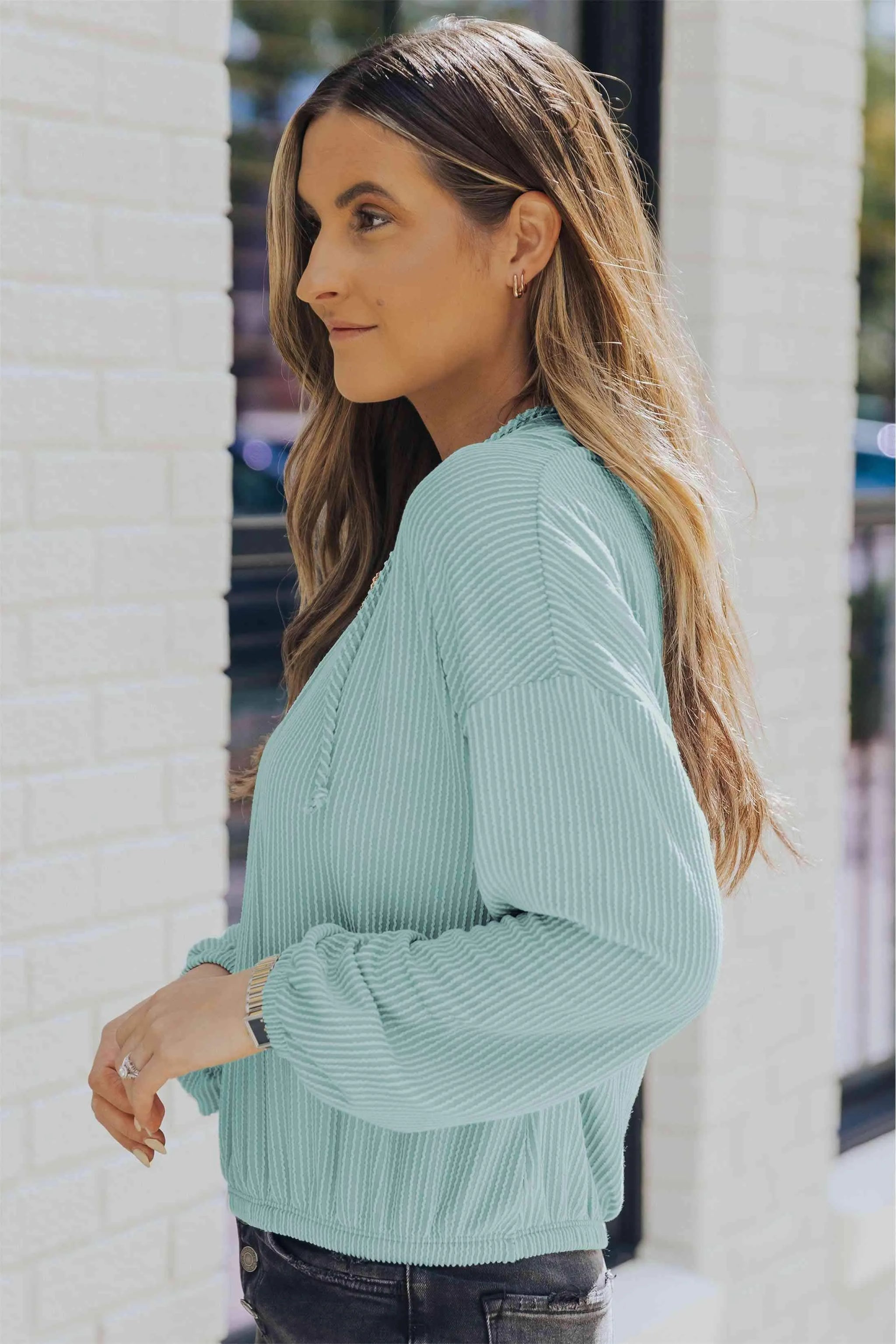Ribbed Drop Shoulder Hoodie Blouses - Tophatter Daily Deals
