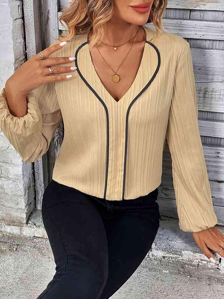 Contrast V-Neck Long Sleeve Blouse Blouses - Tophatter Daily Deals