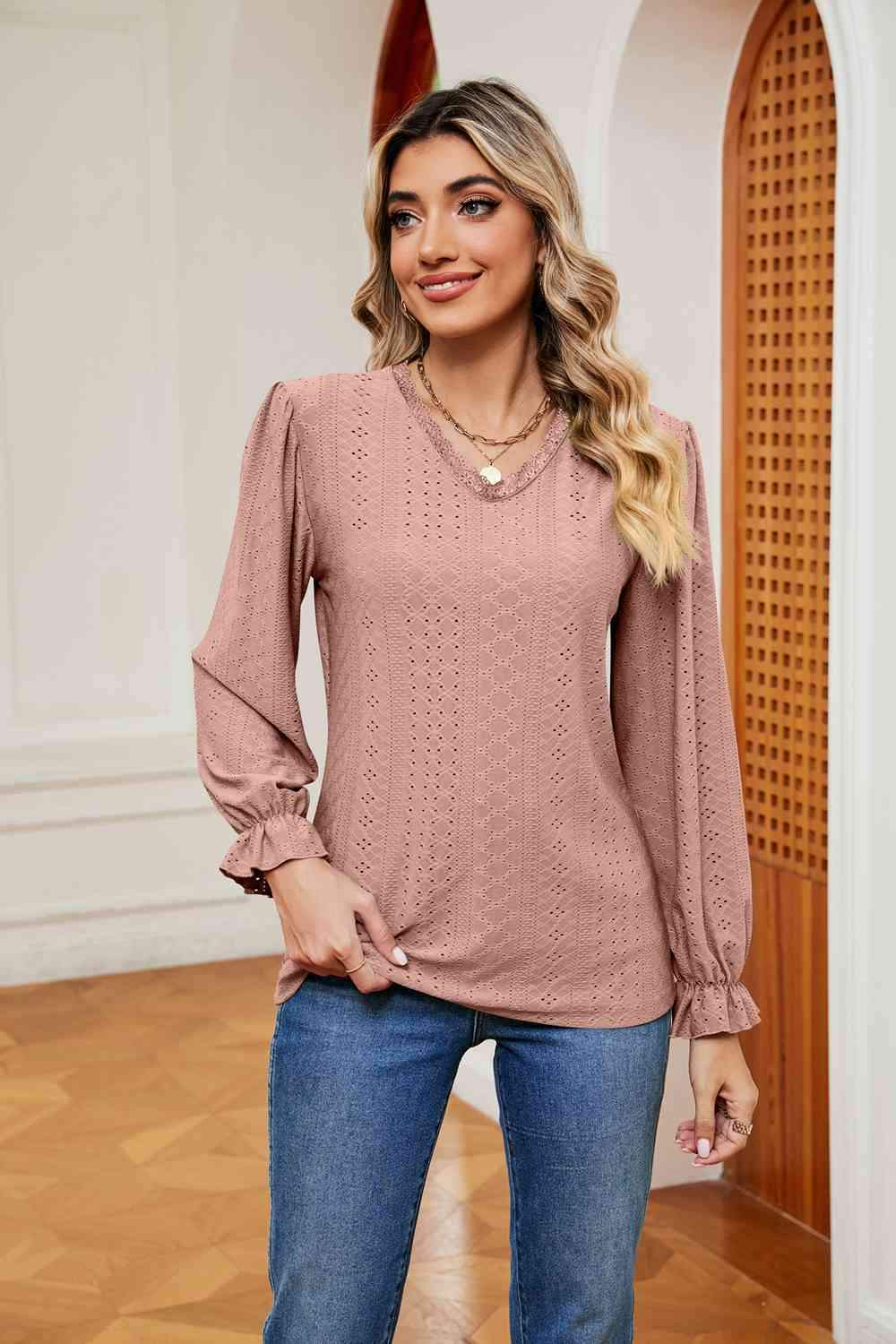 V-Neck Flounce Sleeve Blouse Dusty Pink Blouses - Tophatter Daily Deals