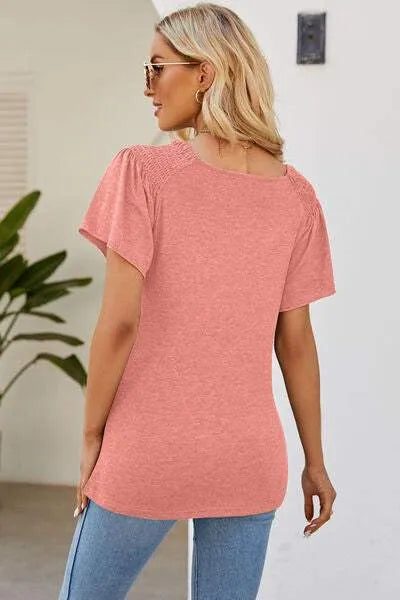 Smocked Round Neck Flutter Sleeve T-Shirt Women's T-Shirts - Tophatter Daily Deals