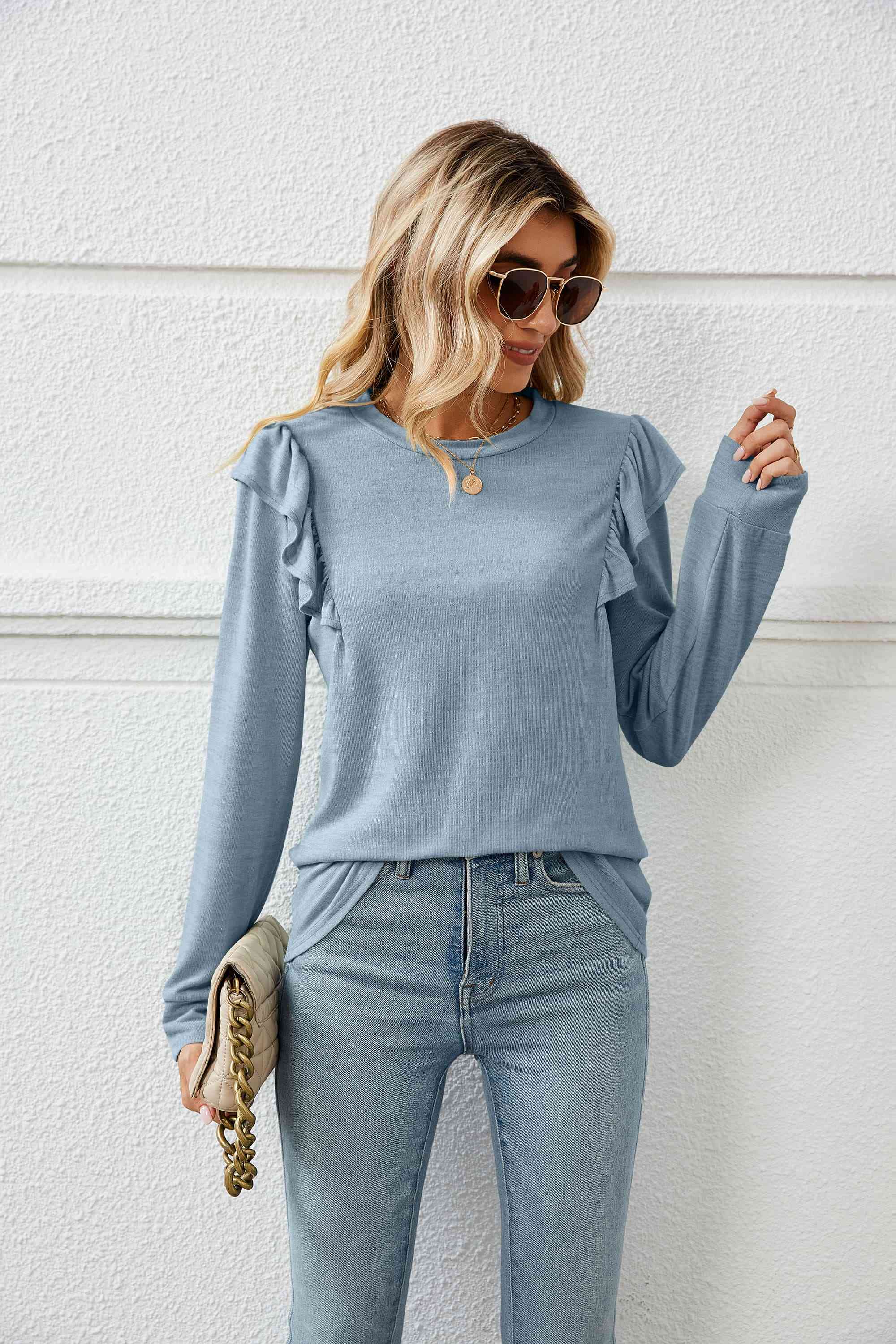 Ruffle Shoulder Long Sleeve T-Shirt Women's T-Shirts - Tophatter Daily Deals