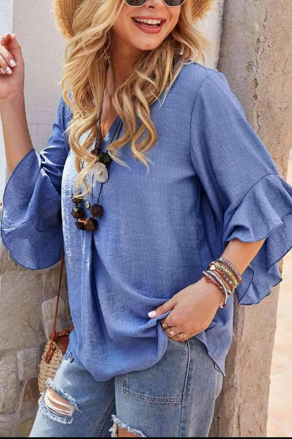 Notched Neck Flounce Sleeve Blouse Blouses - Tophatter Daily Deals