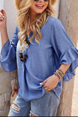 Notched Neck Flounce Sleeve Blouse Blouses - Tophatter Daily Deals