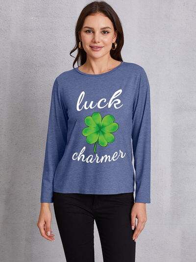 LUCK CHARMER Lucky Clover Round Neck T-Shirt Dusty Blue Women's T-Shirts - Tophatter Daily Deals