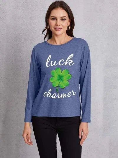 LUCK CHARMER Lucky Clover Round Neck T-Shirt Dusty Blue Women's T-Shirts - Tophatter Daily Deals