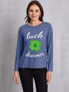 LUCK CHARMER Lucky Clover Round Neck T-Shirt Dusty Blue Women's T-Shirts - Tophatter Daily Deals