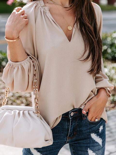 Notched Neck Long Sleeve Blouse Blouses - Tophatter Daily Deals