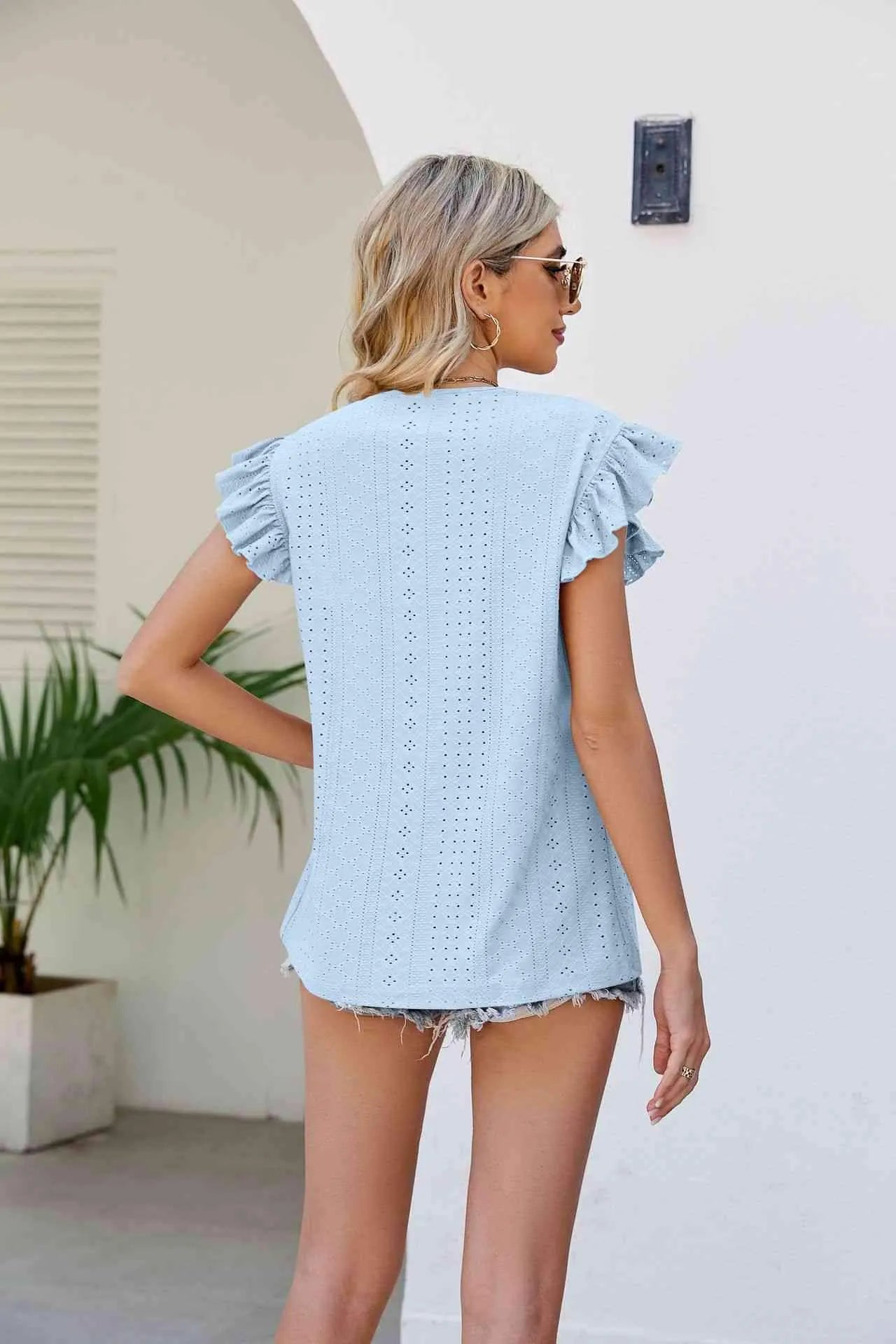 Smocked Round Neck Flutter Sleeve Top Blouses - Tophatter Daily Deals