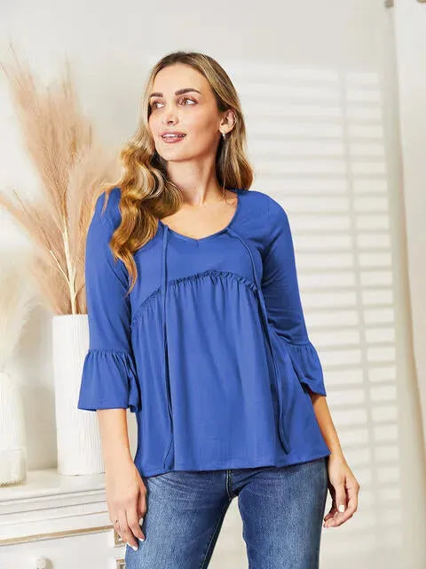 Ninexis Flounce Sleeve Full Size Babydoll Blouse Royal Blue Blouses - Tophatter Daily Deals