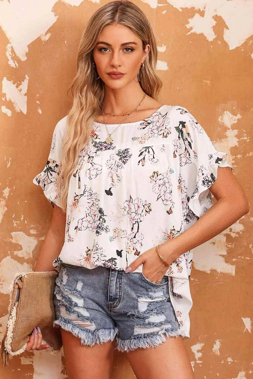 Floral Boat Neck Flounce Sleeve Blouse Floral Blouses - Tophatter Daily Deals