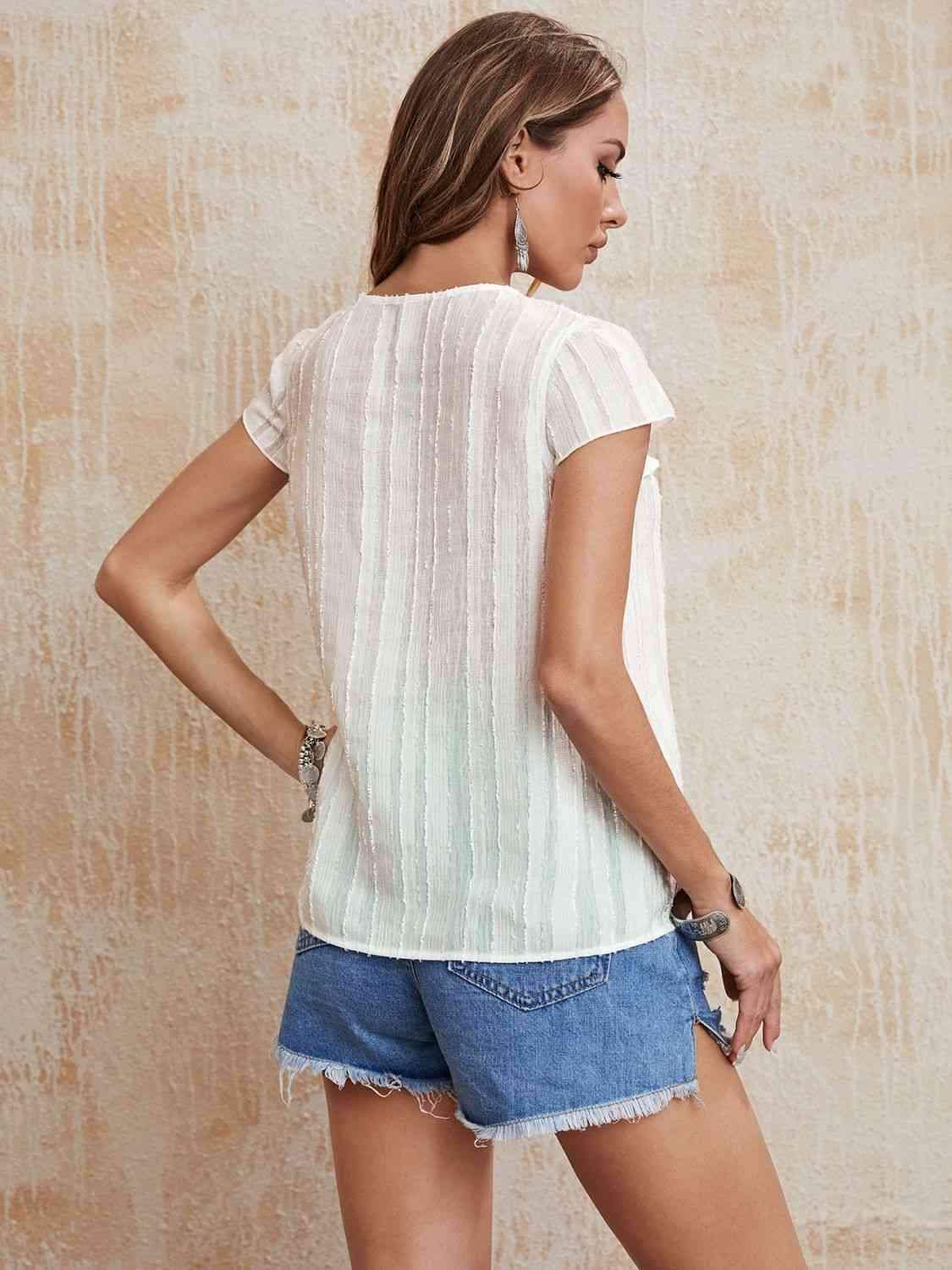 Tie Neck Ruffled Short Sleeve Blouse Blouses - Tophatter Daily Deals