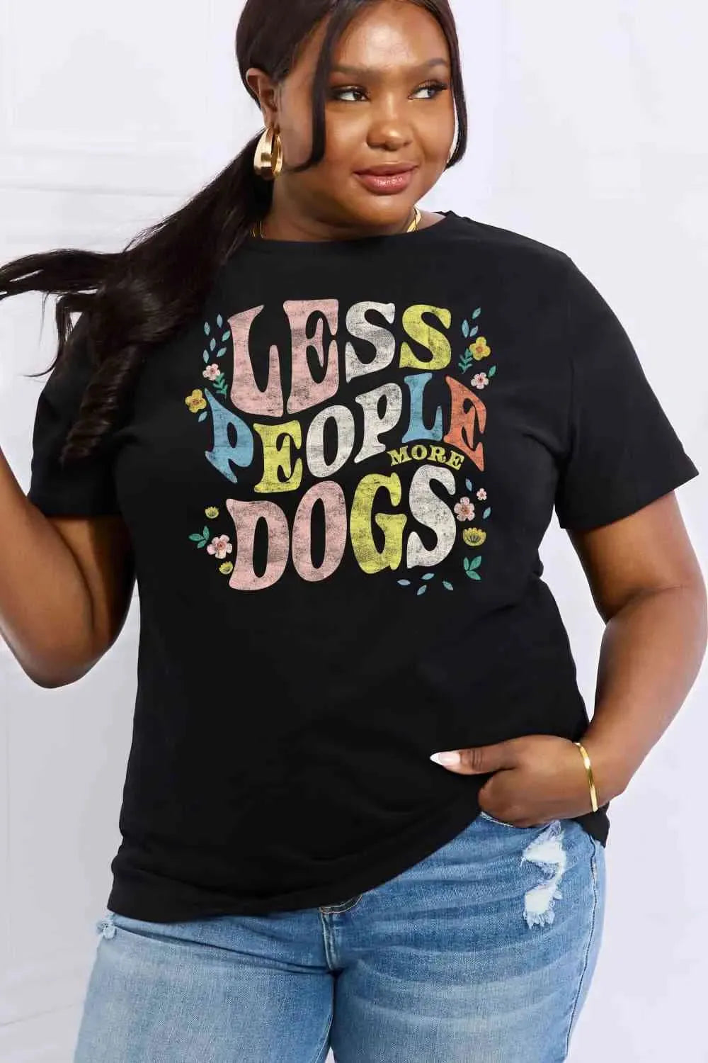 Simply Love Full Size LESS PEOPLE MORE DOGS Graphic Cotton T-Shirt Black Women's T-Shirts - Tophatter Daily Deals