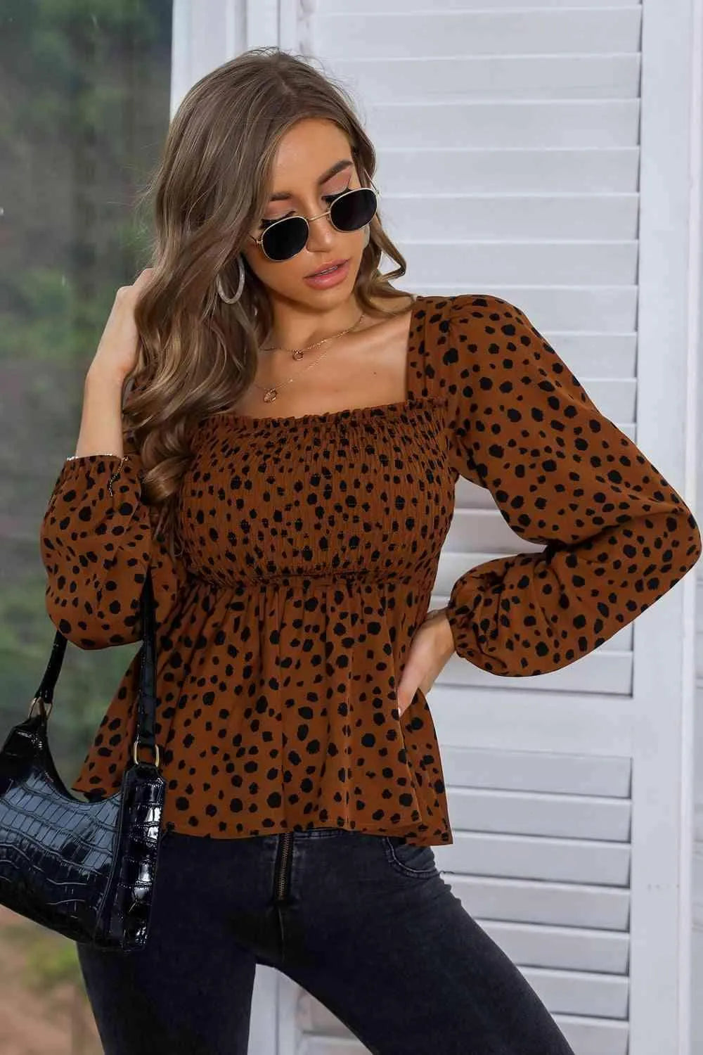 Square Neck Long Sleeve Smocked Blouse Blouses - Tophatter Daily Deals