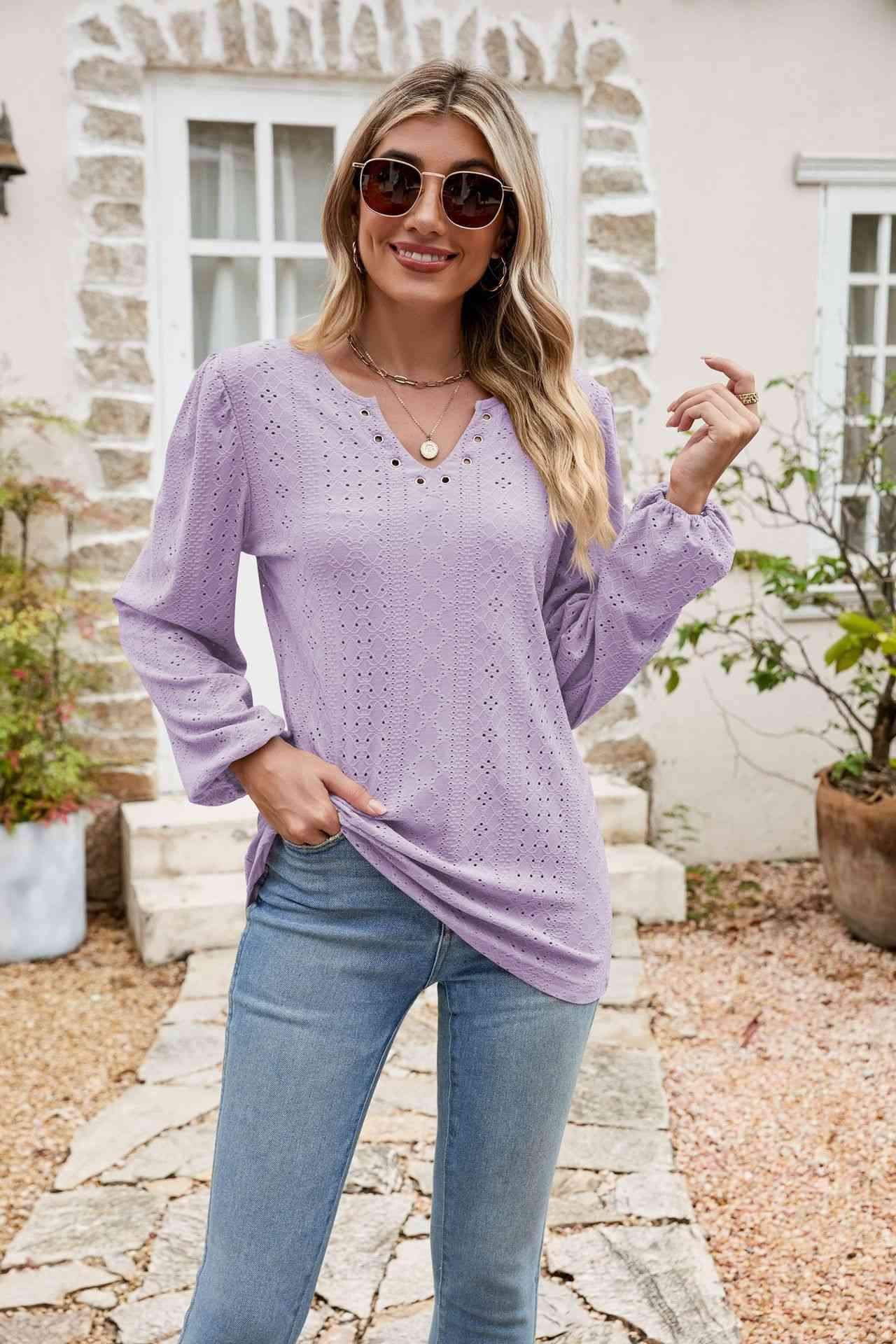 Eyelet Notched Neck Balloon Sleeve Blouse Lavender Blouses - Tophatter Daily Deals