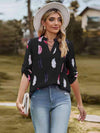 Printed Roll-Tab Sleeve Notched Neck Blouse Black Blouses - Tophatter Daily Deals