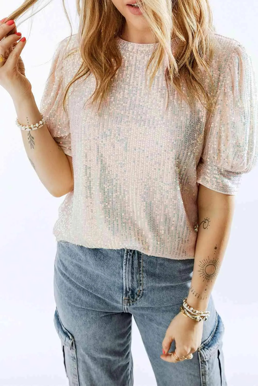 Sequin Round Neck Short Sleeve Top Blouses - Tophatter Daily Deals