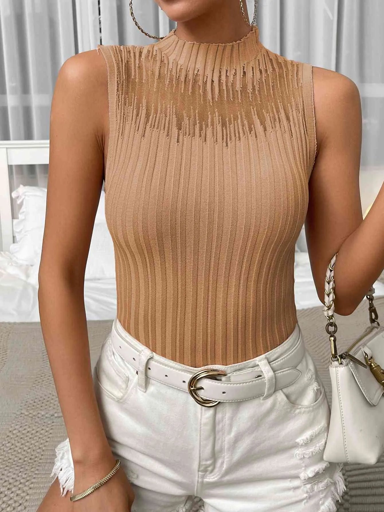 Mock Neck Ribbed Knit Tank Caramel Blouses - Tophatter Daily Deals