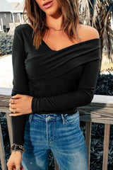 V-Neck Long Sleeve Top Black Blouses - Tophatter Daily Deals