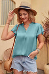 Flutter Sleeve Notched Neck Satin Blouse Turquoise Blouses - Tophatter Daily Deals