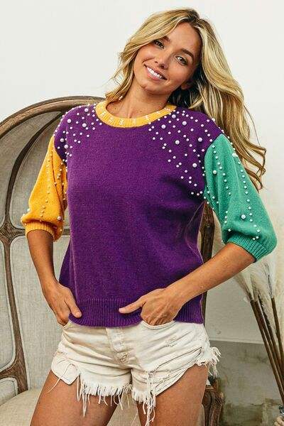 BiBi Color Block Pearl Detail Round Neck Sweater Blouses - Tophatter Daily Deals