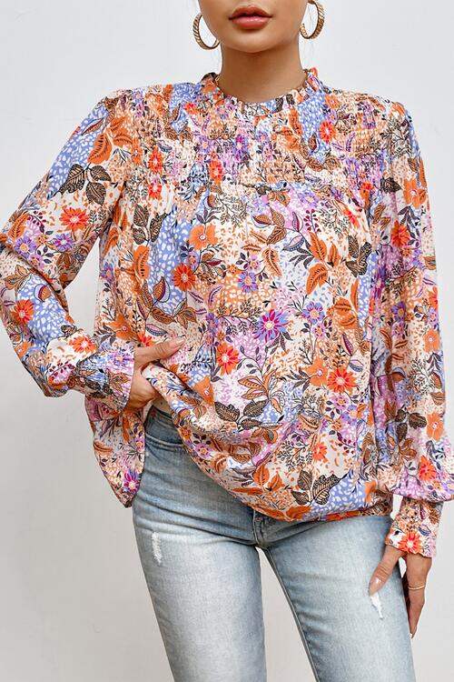 Multicolour Floral Print Sleeve Frilled Round Neck Blouse Floral Blouses - Tophatter Daily Deals